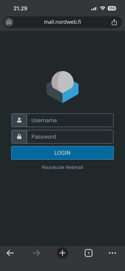 Roundcube Webmail -kirjautumissivu mail.nordweb.fi-osoitteessa mobiiliselaimessa: Username- ja Password-kentät sekä LOGIN-painike.